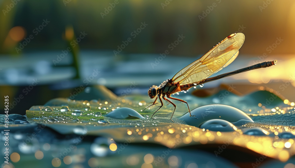 Naklejka premium Hyper realistic dragonfly on water surface with dewdrops in cinematic 4k high fidelity lighting