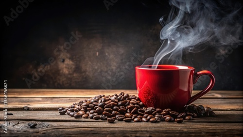 A Red Mug of Steaming Coffee Surrounded by Roasted Beans on a Rustic Wooden Table