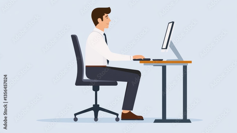 Correct sitting at desk posture ergonomics: office worker using a computer and improving his posture Correct sitting at desk posture ergonomics: office worker using a computer and improving his posture