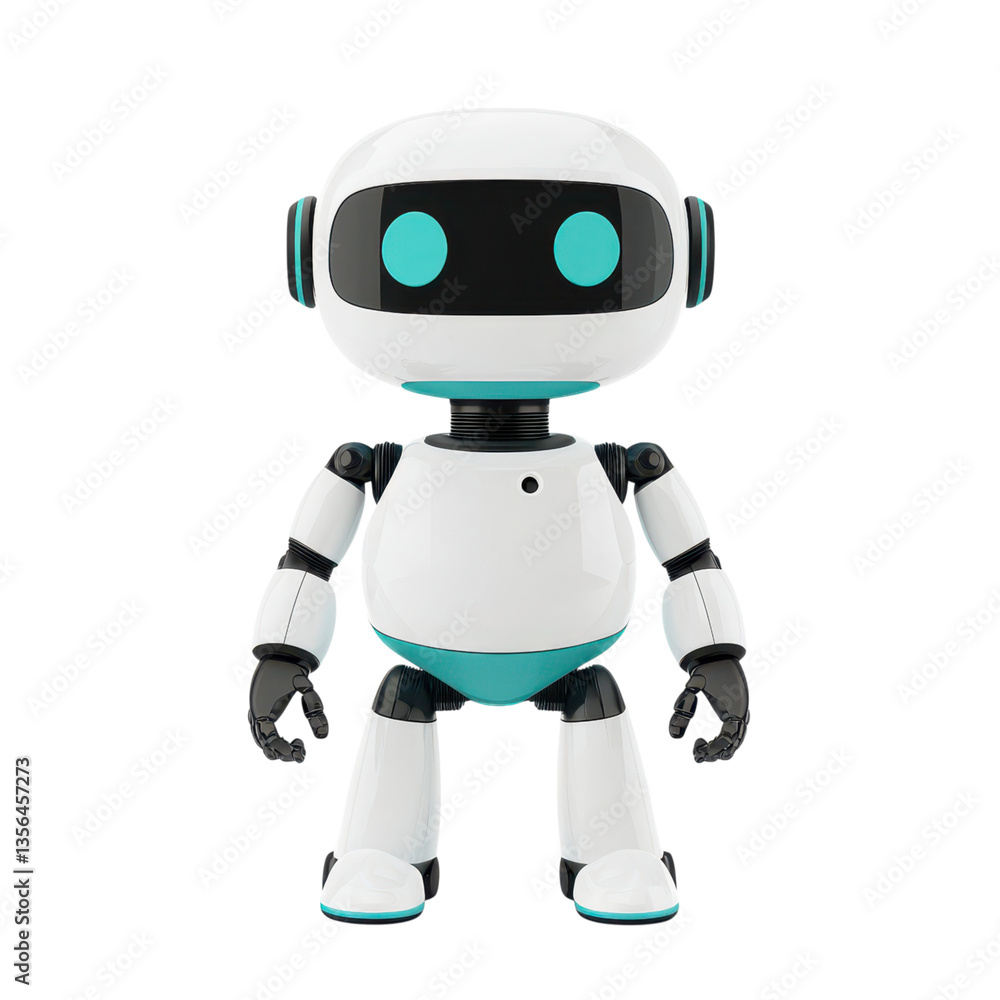 Cute white robot with blue accents on a transparent background. Concept of technology, AI, and robotics. Cute white robot with blue accents on a transparent background. Concept of technology, AI, and robotics.