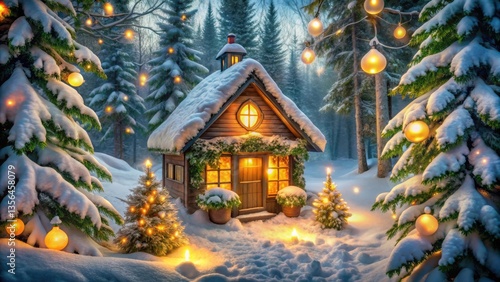 A cozy cabin nestled in a snow-covered forest, illuminated by warm string lights, creating a magical winter wonderland.