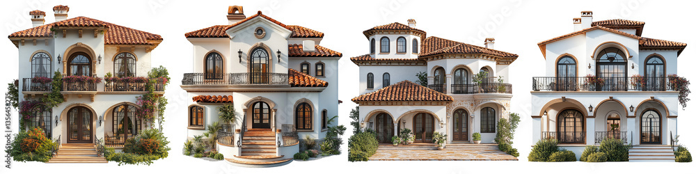 Obraz premium four stunning elegant mediterranean houses with intricate architecture on transparent background