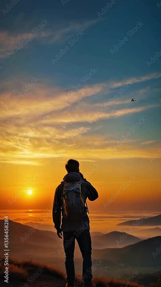Silhouette of man on mountaintop at sunset. Lone figure stands atop mountain, back turned, gazing over misty hills. Sunset paints sky in streaks of orange and blue, creating serene atmosphere. Silhouette of man on mountaintop at sunset. Lone figure stands atop mountain, back turned, gazing over misty hills. Sunset paints sky in streaks of orange and blue, creating serene atmosphere.