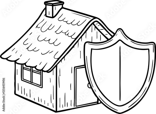 financial planning expenses protection concept. Illustration of a house with a protective shield symbol.
