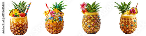 Colorful tropical cocktails served in pineapple mugs with decorations on transparent background