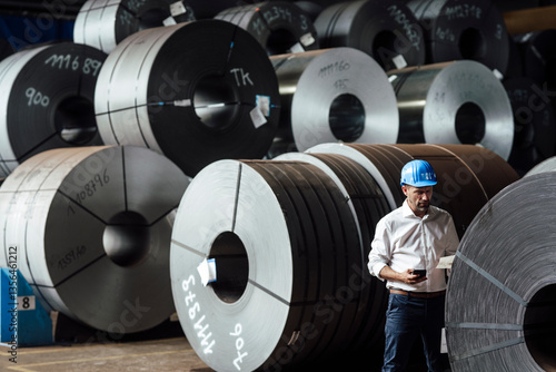 Male owner examining while holding smart phone standing in factory