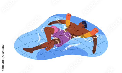 Black person in sunglasses is sunbathing at swimming pool in summer. Happy man with sun tan is lying, floats, relaxes on water in sea resort. Flat isolated vector illustration on white background