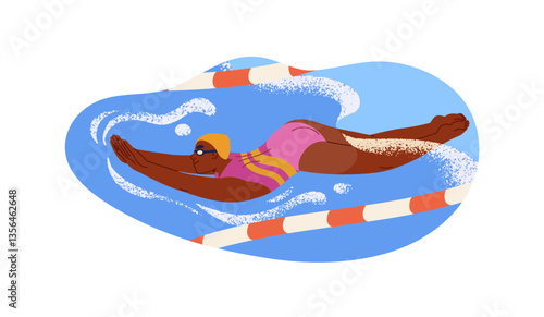 Swimmer in cap, goggles is on lane in pool. Sportswoman in swimsuit is swimming in freestyle. Woman is training on water for sports competitions. Flat isolated vector illustration on white background