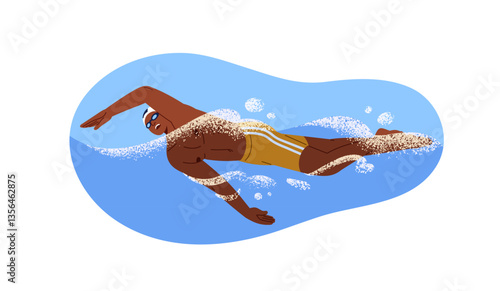 Black man in cap, goggles is swimming in butterfly style. Swimmer is training on lane in pool. Sportsman in swimsuit, athlete is sports racing on water. Flat isolated vector illustration on white