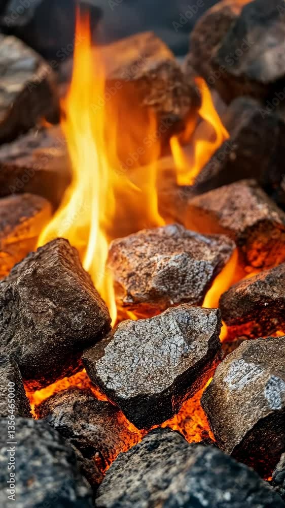 Flames rise from glowing coals during a summer barbecue gathering at a backyard in the late afternoon sun Flames rise from glowing coals during a summer barbecue gathering at a backyard in the late afternoon sun