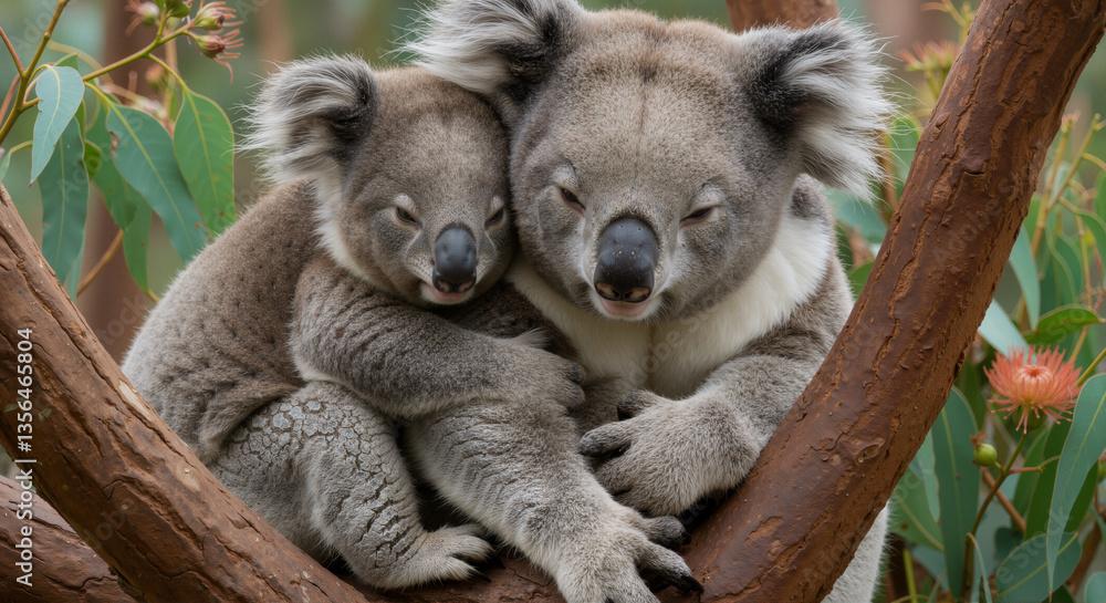 Obraz premium A koala mother holding her baby close in a eucalyptus tree, both with their characteristic gray fur and round ears.