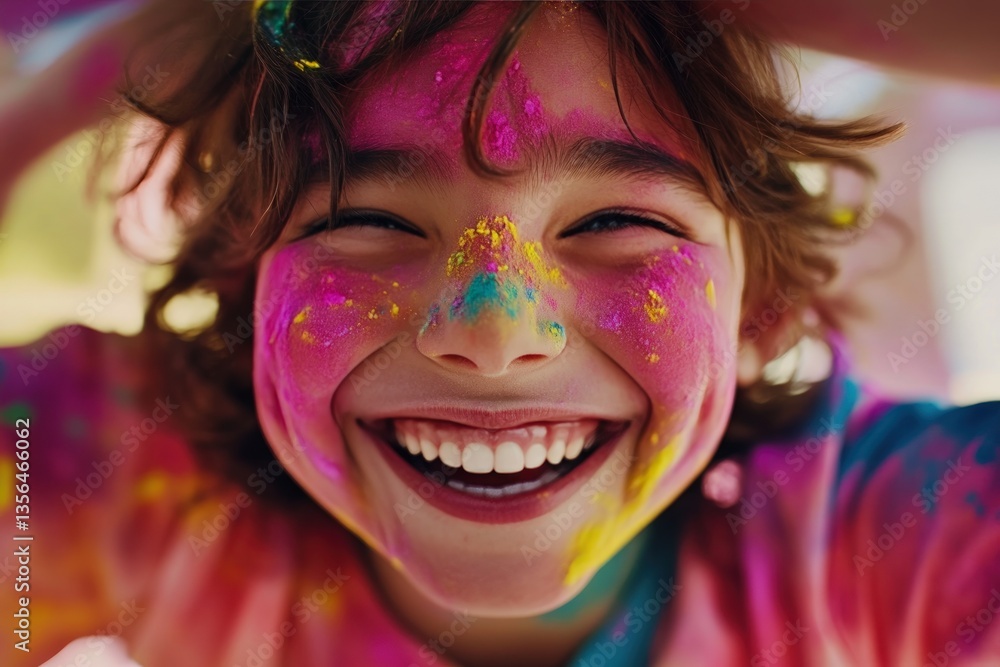 Happy child covered in colorful powder Happy child covered in colorful powder
