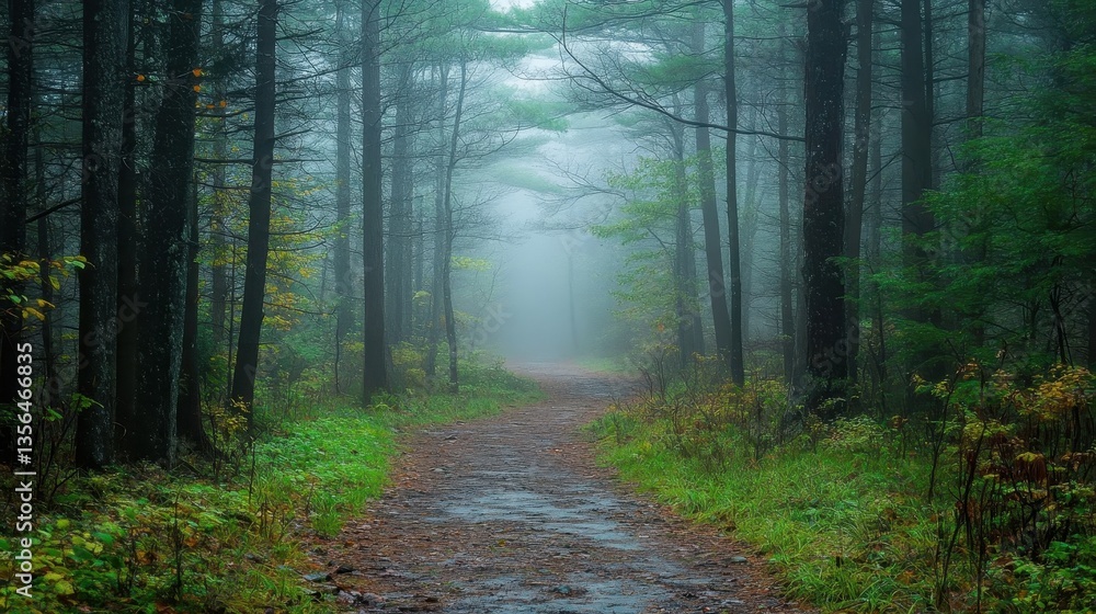 Obraz premium A Foggy Forest Path Leads Into Mysterious Wooded Scenery