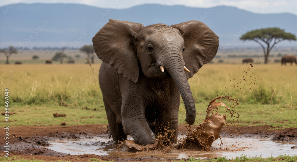 Obraz premium Baby elephant splashing in muddy puddle from ground level with flapping ears
