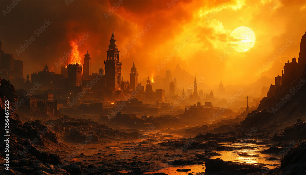 Obraz premium a dramatic and surreal cityscape featuring towering buildings silhoutted againts a fiery