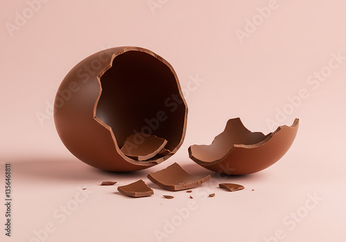 A cracked chocolate Easter egg reveals delicious shards against a soft pink backdrop, hinting at festive indulgence.