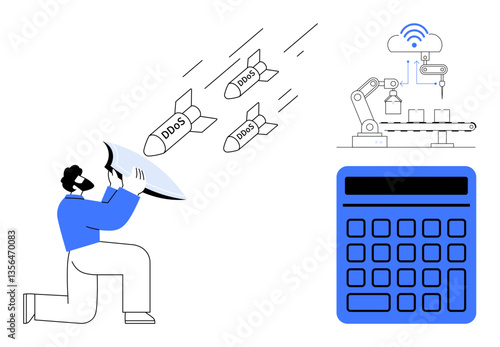 Man with shield deflecting DDoS attacks targeting IoT automation in a smart factory setup and digital calculator. Ideal for cybersecurity, IoT, smart industry, online threat protection, data safety