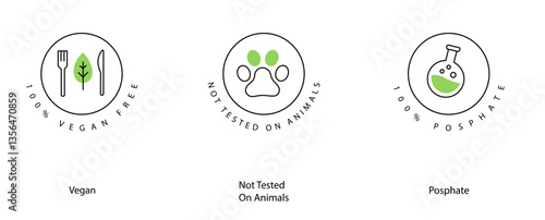 Vegan Cruelty-Free No Animal Testing Phosphate-Free Vector Icon Collection Set