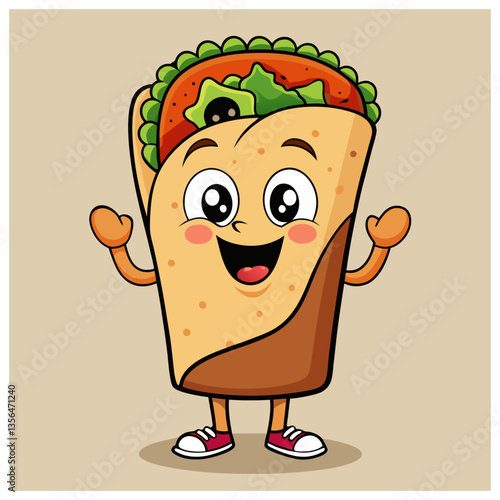 Happy Cartoon Burrito Character with Vegetables and Sneakers - Cute Food Illustration