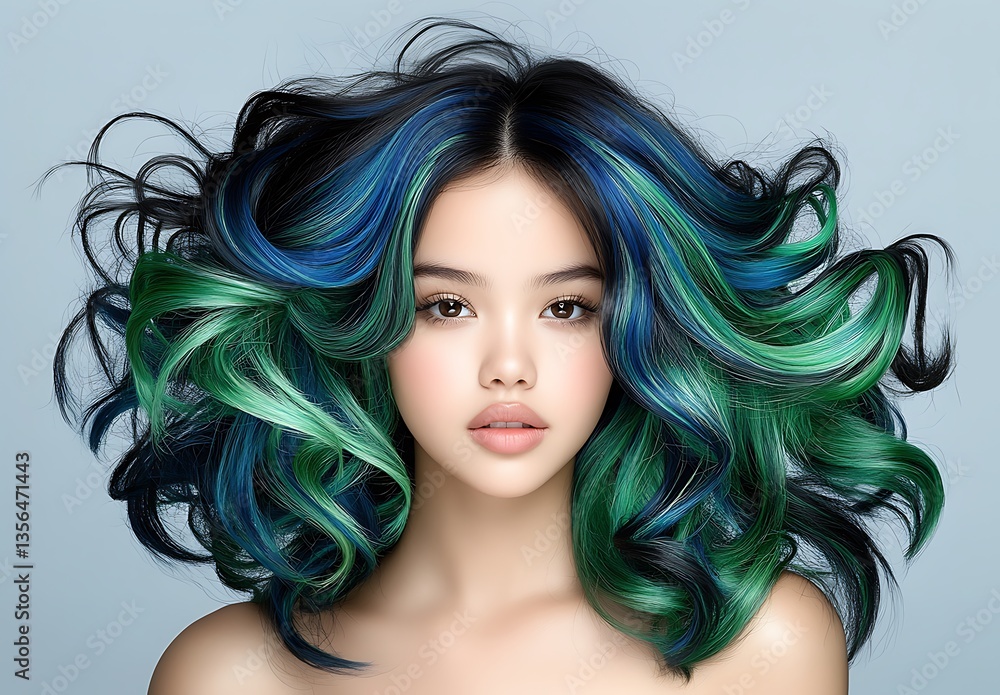 Fototapeta premium Gorgeous model showcasing emerald green and sapphire jewelry in an elegant studio setting