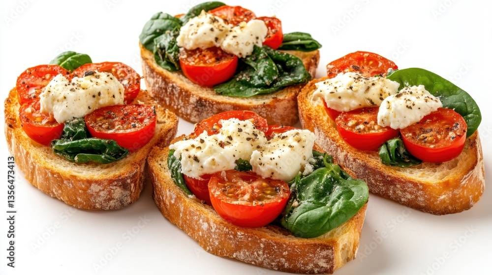 Delicious Bruschetta with Fresh Tomatoes Mozzarella and Spinach on Toasted Bread Culinary Delight Food Photography Delicious Bruschetta with Fresh Tomatoes Mozzarella and Spinach on Toasted Bread Culinary Delight Food Photography