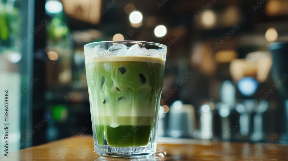 A refreshing green drink with ice in a clear glass A refreshing green drink with ice in a clear glass