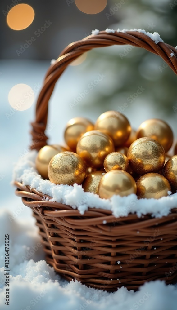 Sparkling golden balls scattered on a snowy white basket, holiday, wicker Sparkling golden balls scattered on a snowy white basket, holiday, wicker