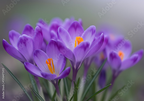 A vibrant group of purple crocus flowers herald the arrival of spring with their delicate beauty.