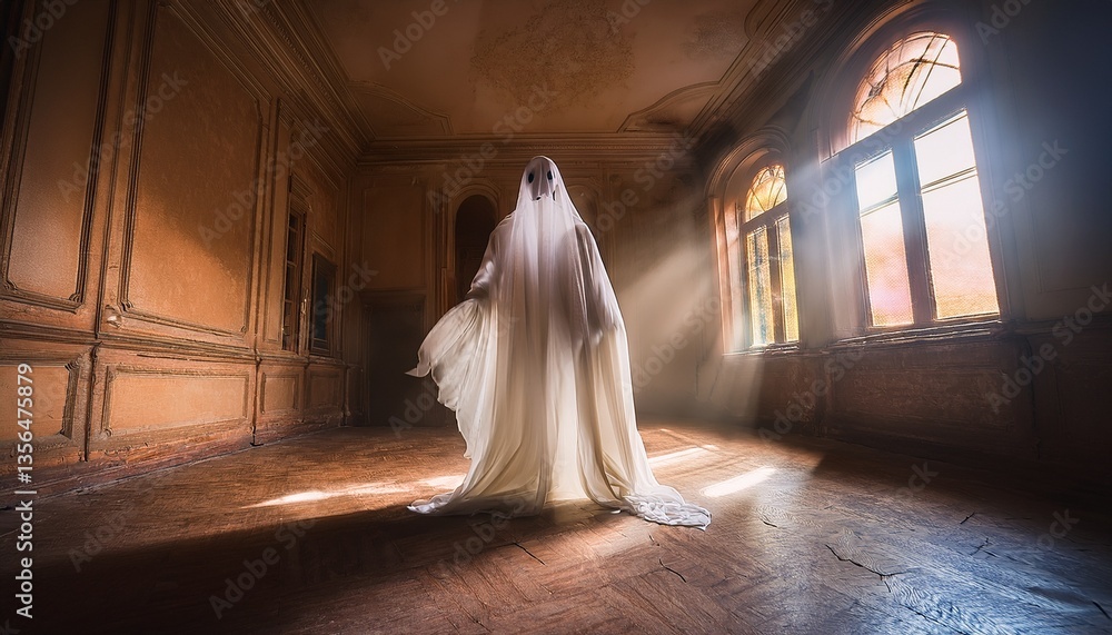In a dimly lit room of an old mansion, a ghost stands quietly. In a dimly lit room of an old mansion, a ghost stands quietly.