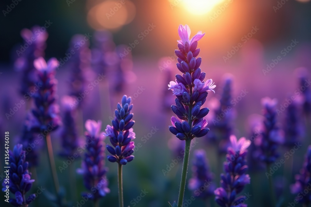 Fototapeta premium Sparkling lavender flowers in a garden at twilight, petals, bloom, soft glow