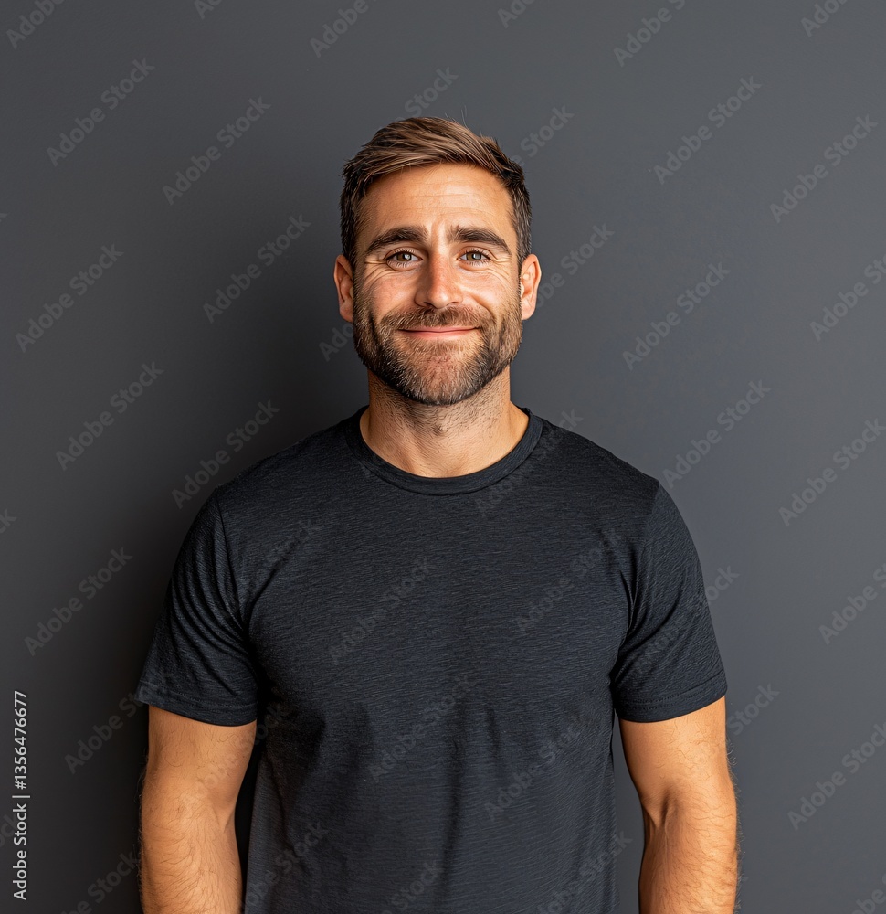Happy Caucasian Man Smiling Casual Portrait Studio Shot Black T Shirt Gray Background Happy Caucasian Man Smiling Casual Portrait Studio Shot Black T Shirt Gray Background