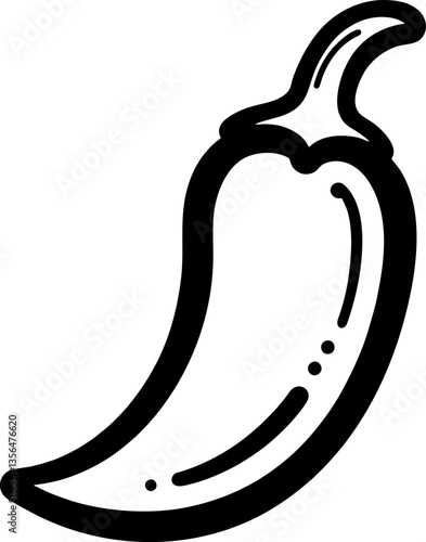 Black line drawing of a chili pepper suitable for recipe books, food packaging, and culinary websites and blogs.
