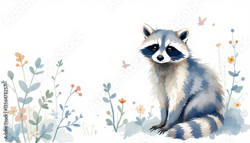 water color  raccoon  with wildflowers