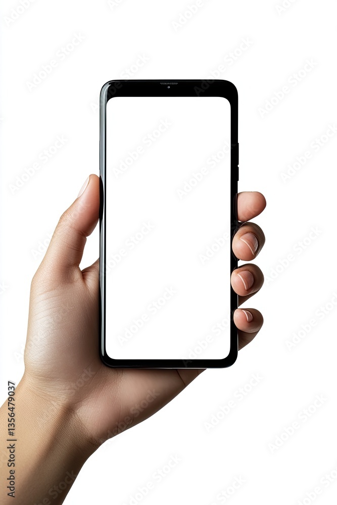 Hand holding a modern smartphone with a blank screen