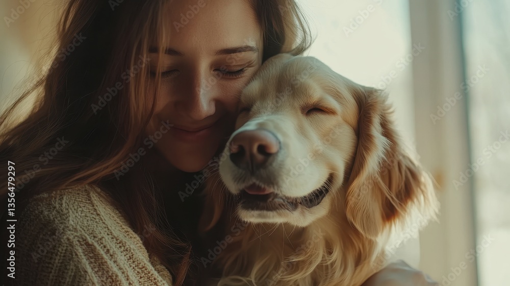 Hugging a golden retriever, a woman finds joy and warmth indoors, creating cherished memories in a cozy home environment Hugging a golden retriever, a woman finds joy and warmth indoors, creating cherished memories in a cozy home environment