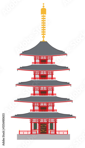 日本の人気観光地　浅草寺 五重塔　フラットデザインのイラスト　白背景