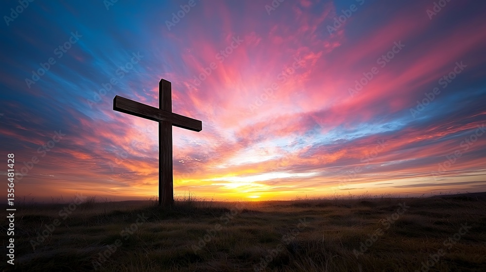 Sunset Cross Silhouette for Peaceful Field. Sunset Cross Silhouette for Peaceful Field.