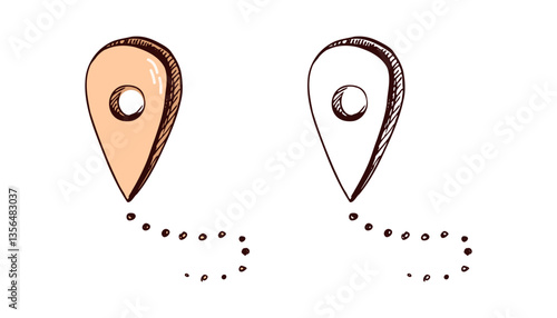 Hand-drawn travel location marker set in color and monochrome in vintage engraved style