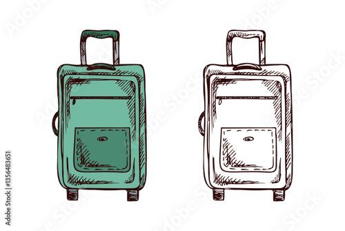 Hand-drawn green suitcase set with color and monochrome version in vintage engraved style