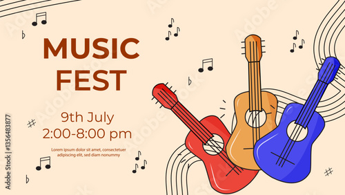 Music festival banner with guitar. For poster, card, banner, discount, special offer, cover, menu, advertising. Vector illustration EPS10 
