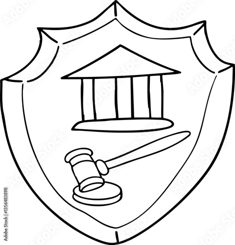 law restriction policy concept. Shield emblem featuring a courthouse and gavel design.