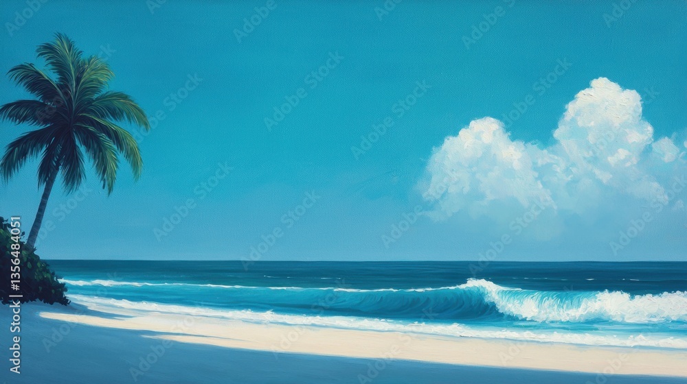 Obraz premium Serene Tropical Beach Scene with Palm Tree and Gentle Waves Under a Clear Blue Sky at Midday