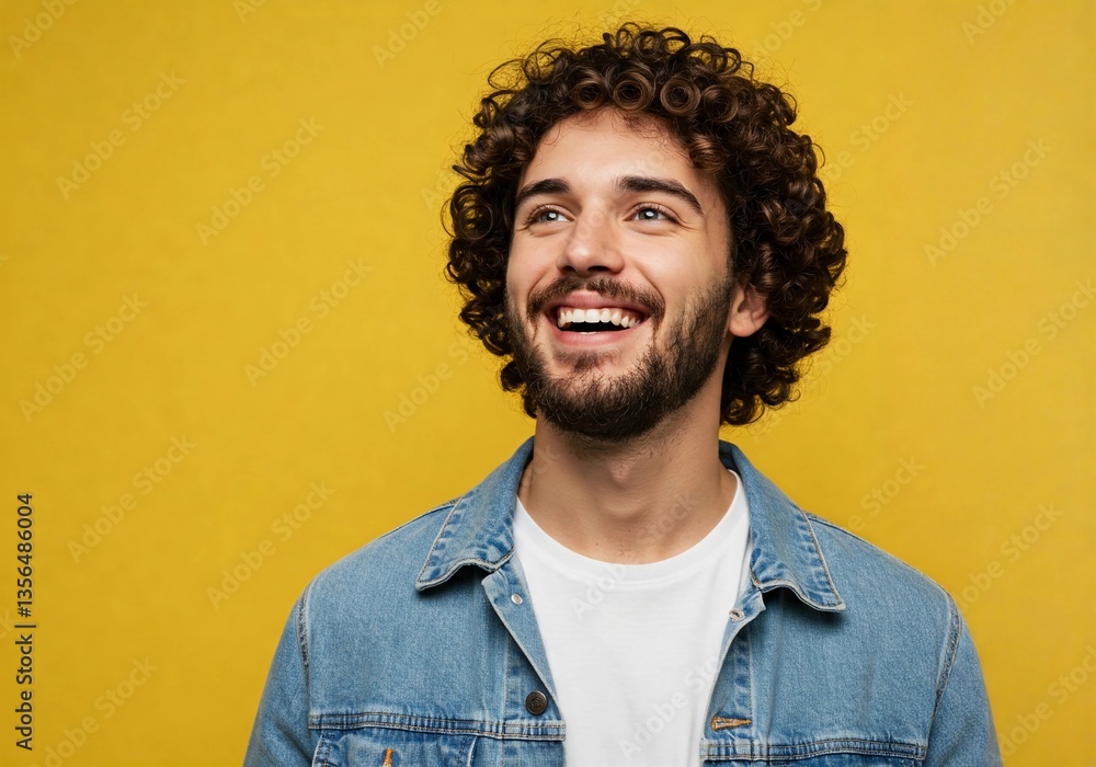 Obraz premium Happy joyful smiling young indian man looking aside up thinking of new good opportunities, dreaming, feeling inspired and proud standing isolated on yellow background. 