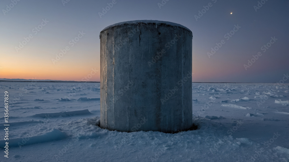 Naklejka premium Concrete cylinder rising from frozen arctic landscape at sunset with moon in the sky