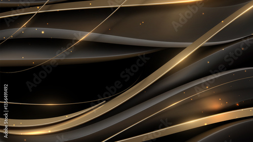 Luxury black and gold abstract background with twinkling lights.
