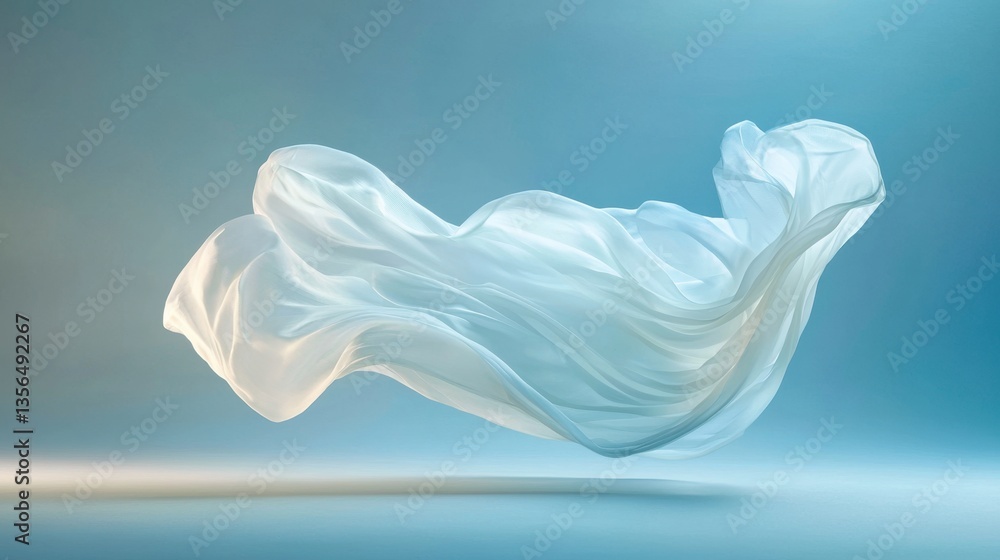Ethereal flowing fabric draped elegantly in soft light creating a sense of tranquility and elegance on a serene blue background Ethereal flowing fabric draped elegantly in soft light creating a sense of tranquility and elegance on a serene blue background
