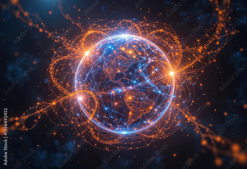 Obraz premium Connecting Our World A Digital Embrace of Innovation and Global Networks in Warm Orange and Blue Tones.