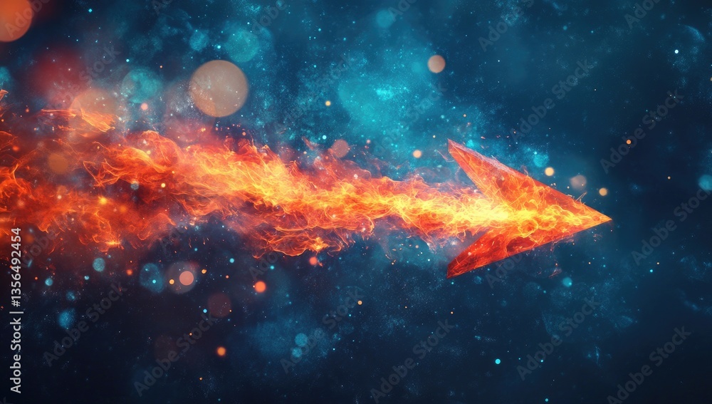 Fototapeta premium Fiery arrow pointing forward in a cosmic backdrop