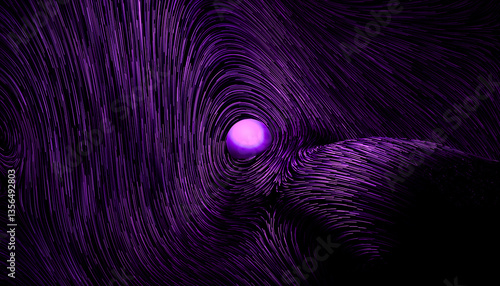 Abstract 3D render of a purple sphere floating in a dark, textured background with swirling lines