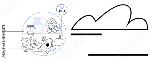 Assorted organic produce including watermelon, avocado, apple, and leafy greens with bio label. Minimalist cloud element hints at sustainability, natural processes, eco-friendly goals. Ideal